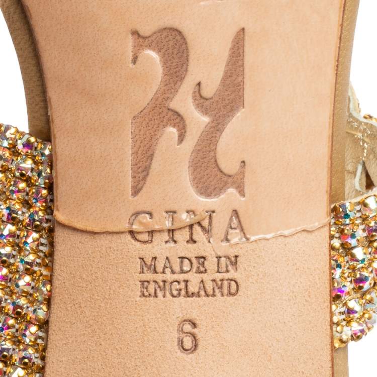 Pre Owned Gina Gold Crystal Embellished And Leather Slide Sandals Size 39