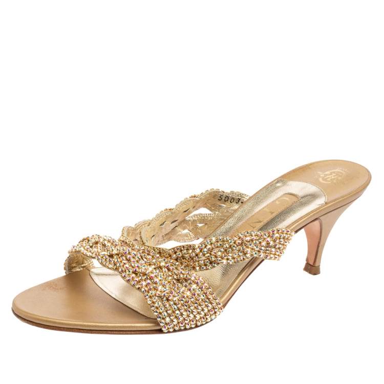 Pre Owned Gina Gold Crystal Embellished And Leather Slide Sandals Size 39