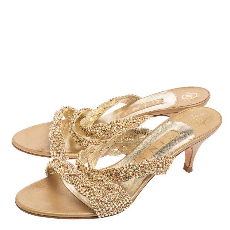 Pre Owned Gina Gold Crystal Embellished And Leather Slide Sandals Size 39