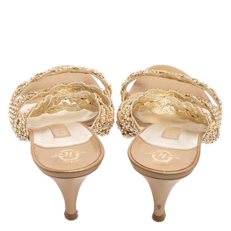 Pre Owned Gina Gold Crystal Embellished And Leather Slide Sandals Size 39