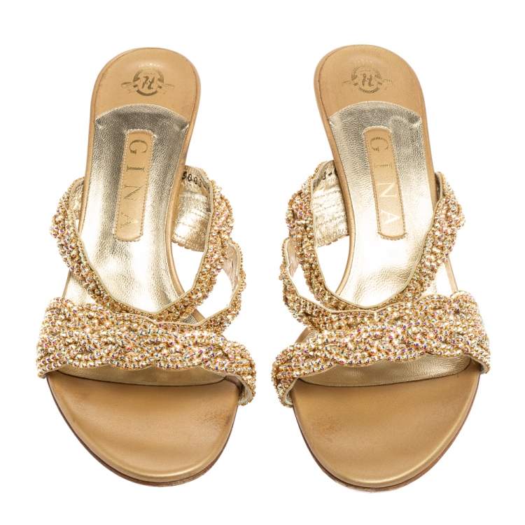 Pre Owned Gina Gold Crystal Embellished And Leather Slide Sandals Size 39