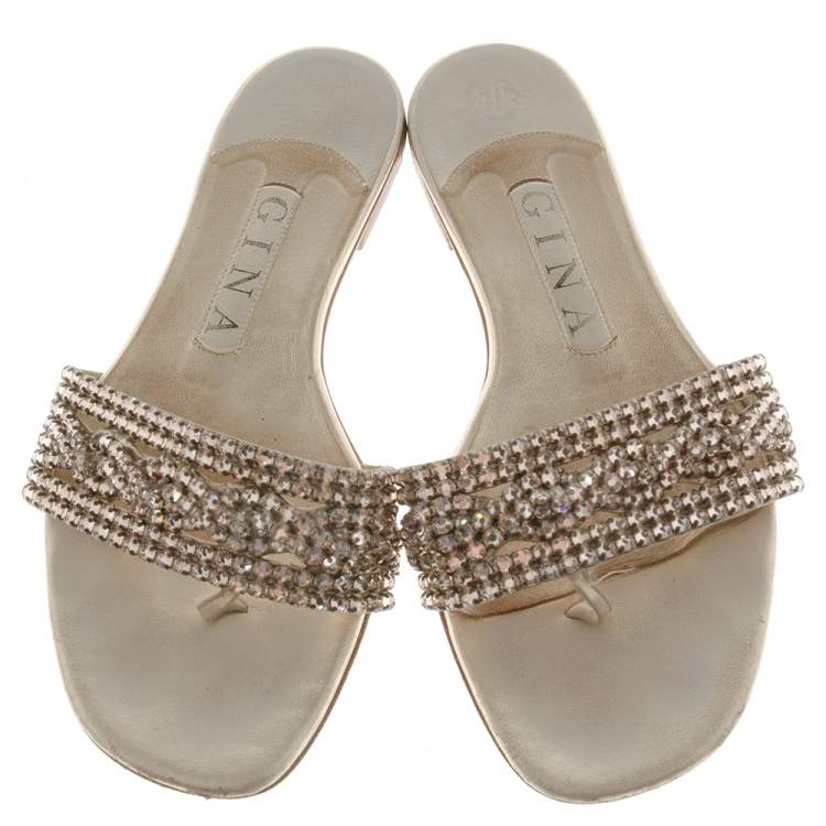 Pre Owned Gina Metallic Gold Leather Crystal Embellished Flat Sandals Size 37