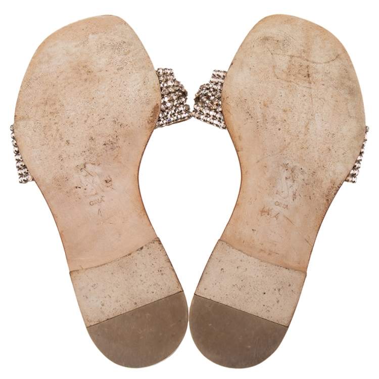 Pre Owned Gina Metallic Gold Leather Crystal Embellished Flat Sandals Size 37