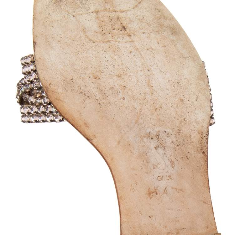 Pre Owned Gina Metallic Gold Leather Crystal Embellished Flat Sandals Size 37