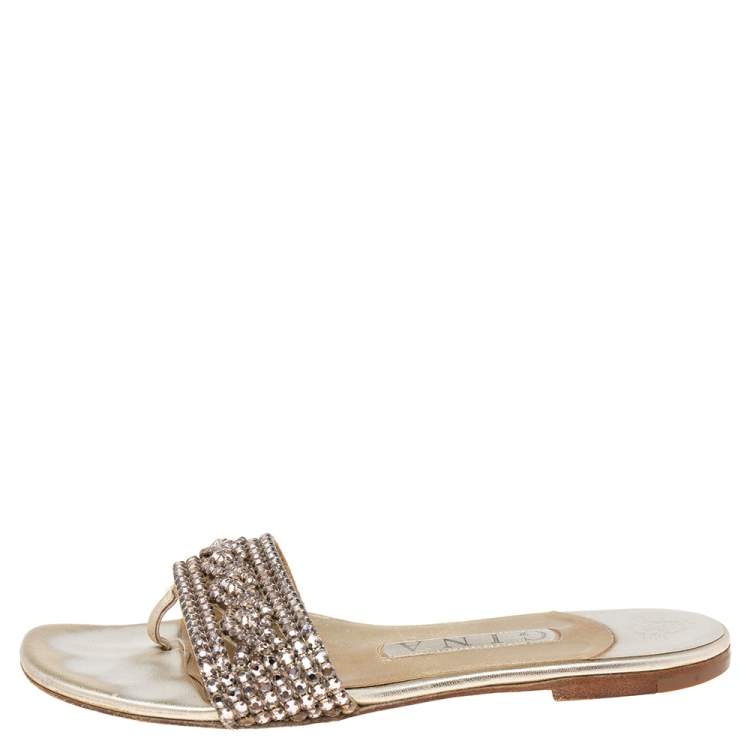 Pre Owned Gina Metallic Gold Leather Crystal Embellished Flat Sandals Size 37