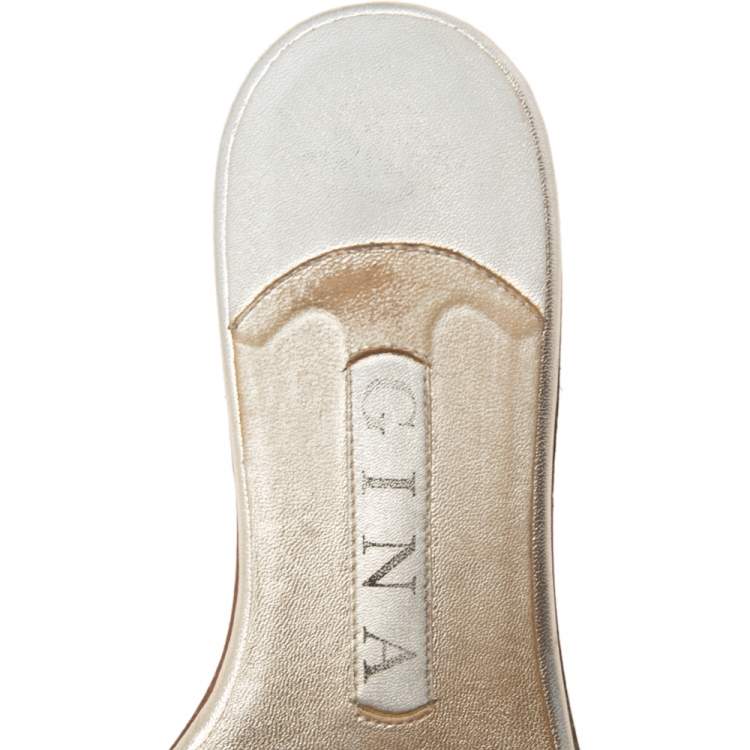 Pre Owned Gina Metallic Gold Leather Crystal Embellished Flat Sandals Size 37