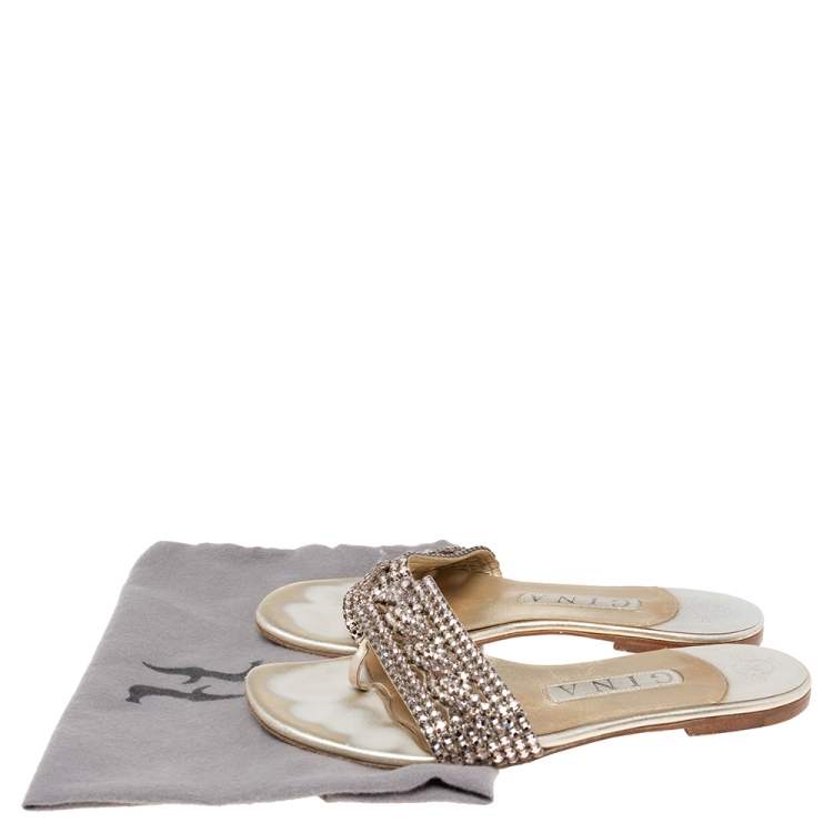 Pre Owned Gina Metallic Gold Leather Crystal Embellished Flat Sandals Size 37