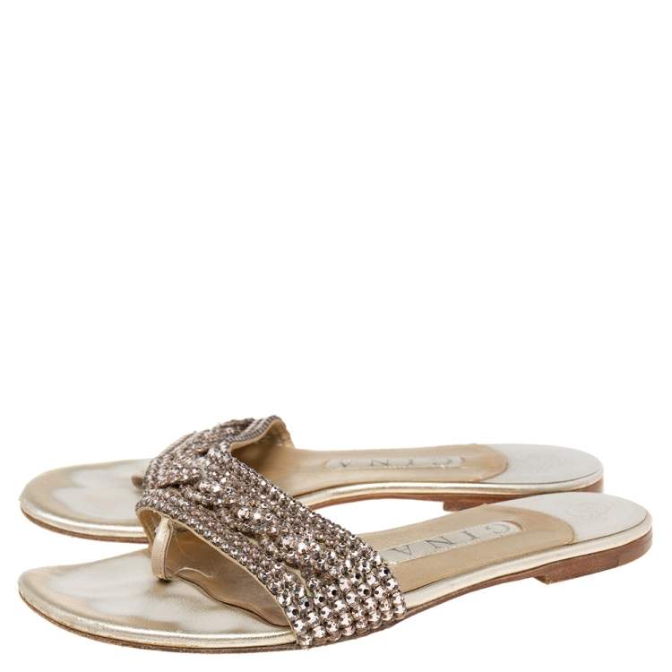 Pre Owned Gina Metallic Gold Leather Crystal Embellished Flat Sandals Size 37