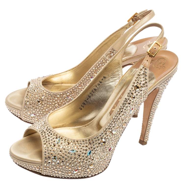 Pre Owned Gina Gold Satin And Crystal Embellished Sandals Size 39