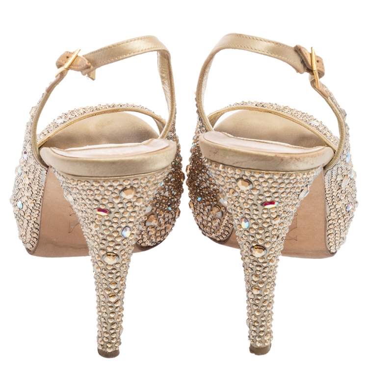 Pre Owned Gina Gold Satin And Crystal Embellished Sandals Size 39