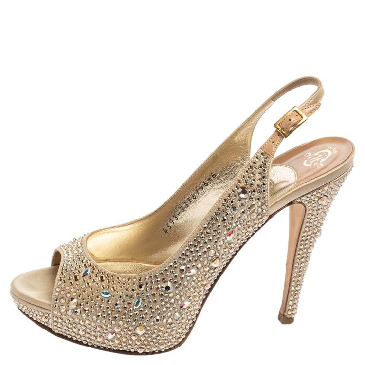 Pre Owned Gina Gold Satin And Crystal Embellished Sandals Size 39