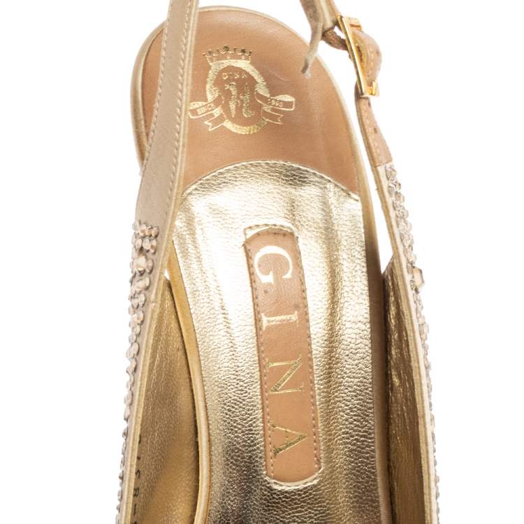 Pre Owned Gina Gold Satin And Crystal Embellished Sandals Size 39