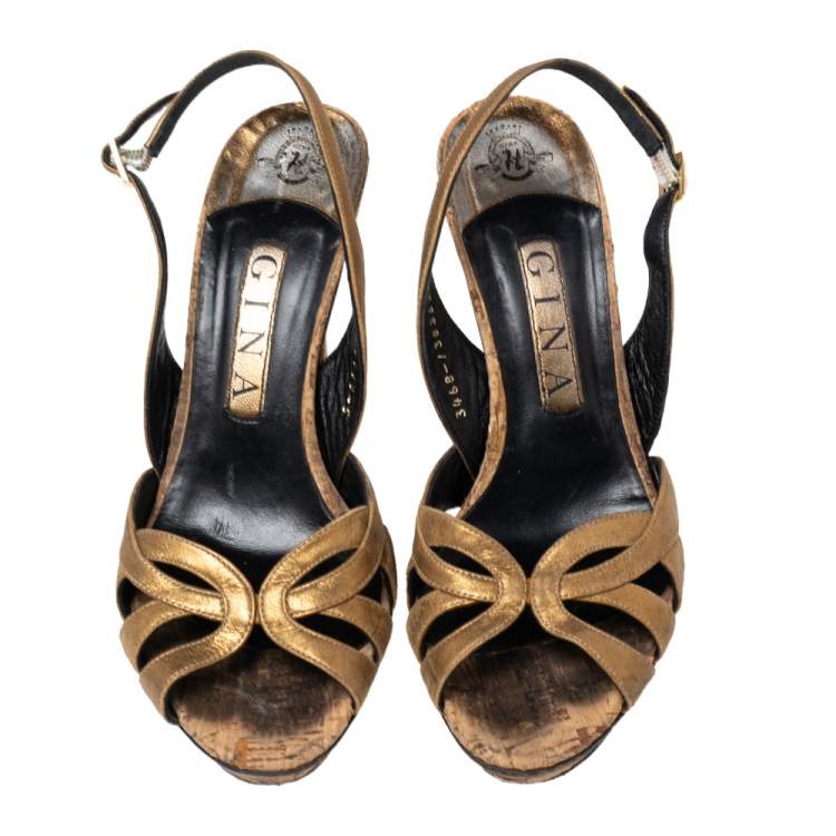 Pre Owned Gina Bronze Leather Strappy Slingback Platform Sandals Size 38