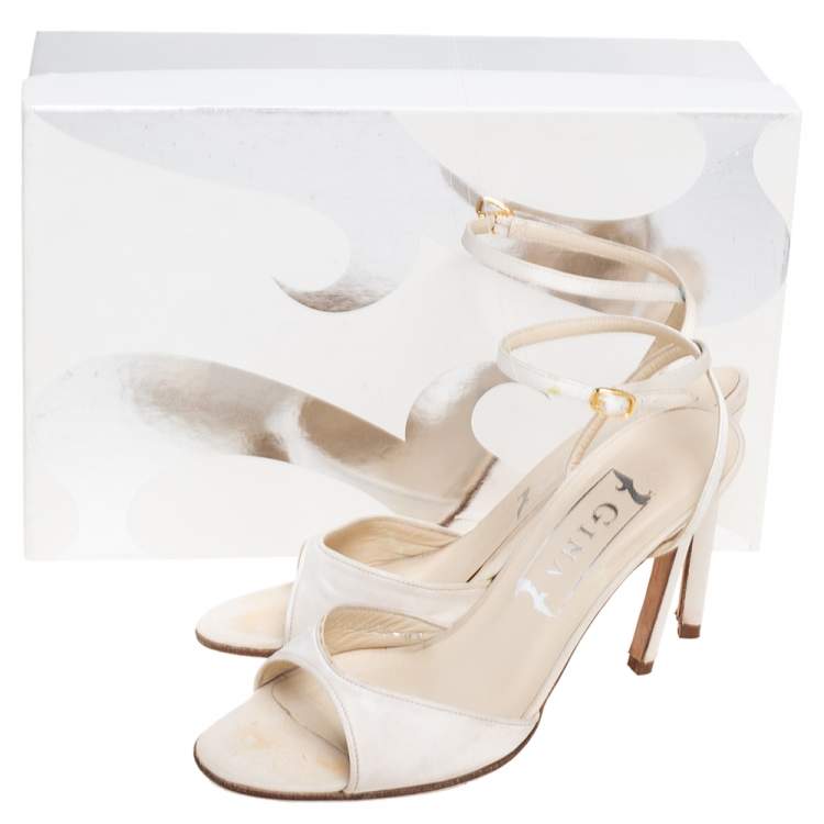 Pre Owned Gina Off-White Satin Ankle-Strap Sandals Size 37.5
