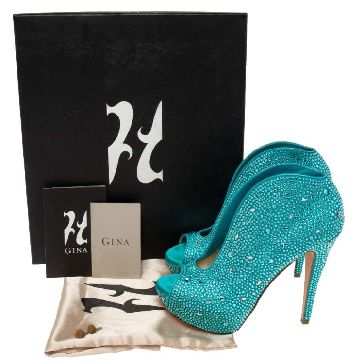Pre Owned Gina Aqua Blue Crystal Embellished Satin Calamity Ankle Booties Size 39.5