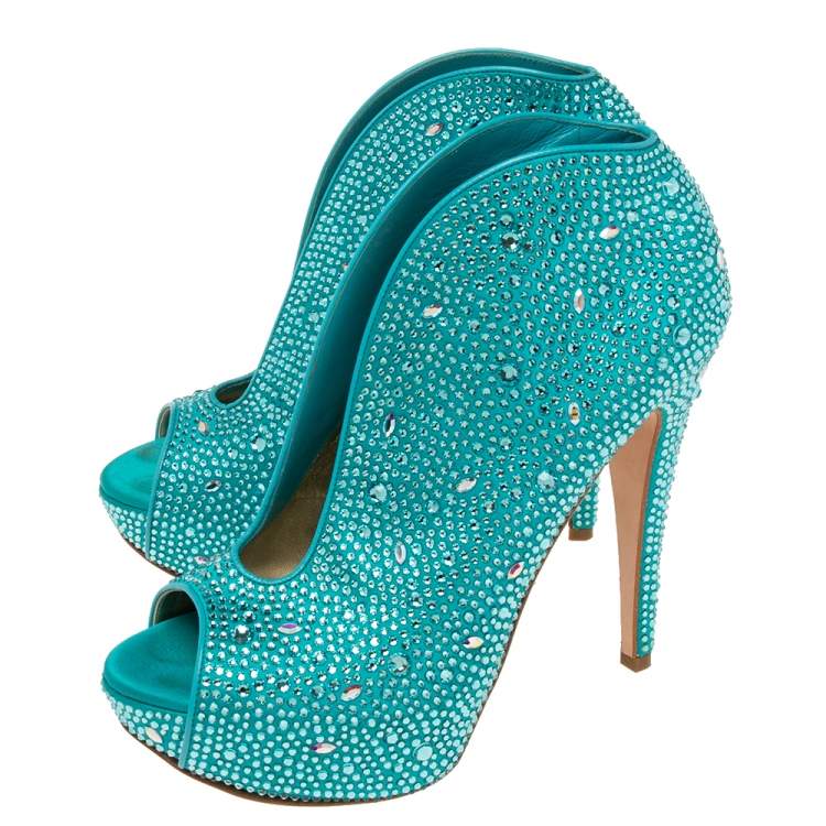Pre Owned Gina Aqua Blue Crystal Embellished Satin Calamity Ankle Booties Size 39.5