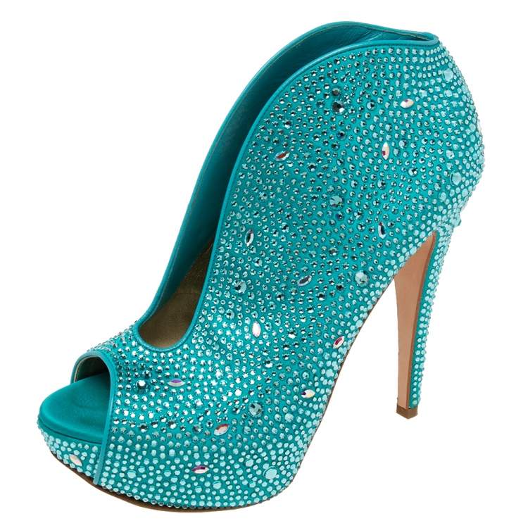 Pre Owned Gina Aqua Blue Crystal Embellished Satin Calamity Ankle Booties Size 39.5