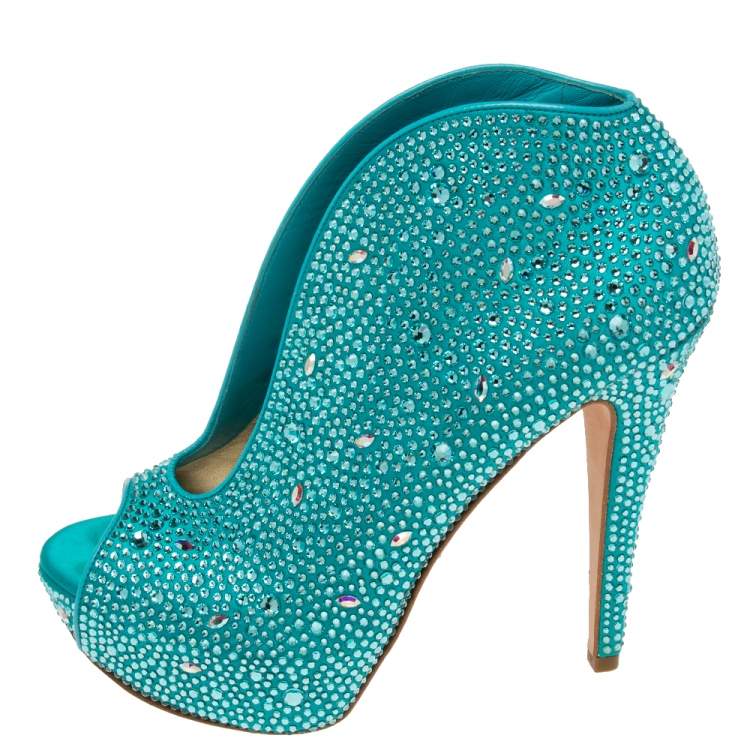 Pre Owned Gina Aqua Blue Crystal Embellished Satin Calamity Ankle Booties Size 39.5