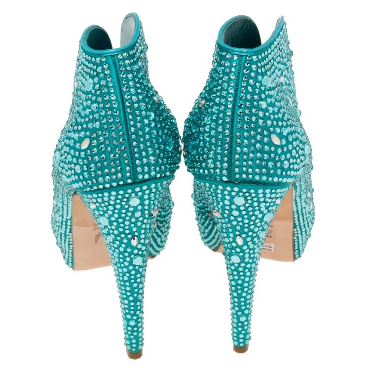 Pre Owned Gina Aqua Blue Crystal Embellished Satin Calamity Ankle Booties Size 39.5