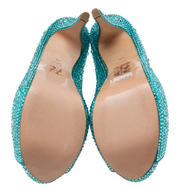 Pre Owned Gina Aqua Blue Crystal Embellished Satin Calamity Ankle Booties Size 39.5