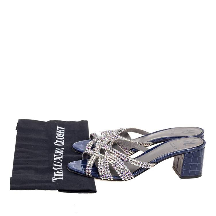 Pre Owned Gina Navy Blue Crystal Embellished Croc Embossed Patent Leather Slide Sandals Size 39