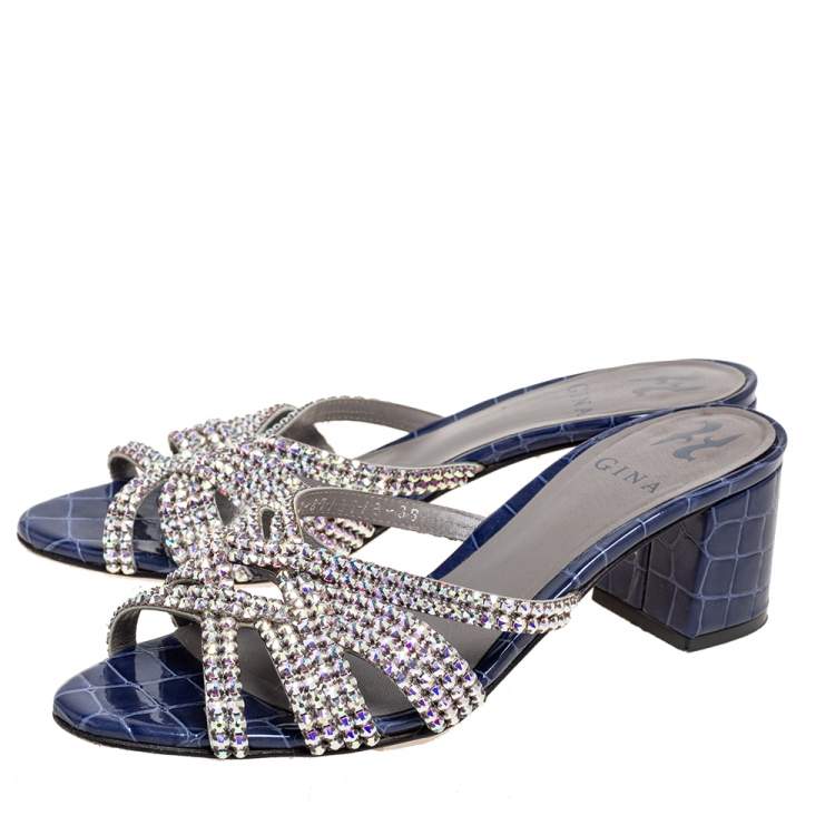 Pre Owned Gina Navy Blue Crystal Embellished Croc Embossed Patent Leather Slide Sandals Size 39