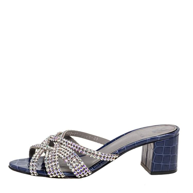 Pre Owned Gina Navy Blue Crystal Embellished Croc Embossed Patent Leather Slide Sandals Size 39