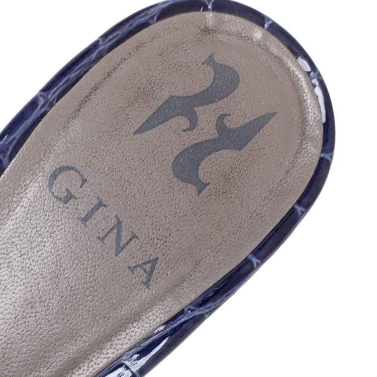 Pre Owned Gina Navy Blue Crystal Embellished Croc Embossed Patent Leather Slide Sandals Size 39