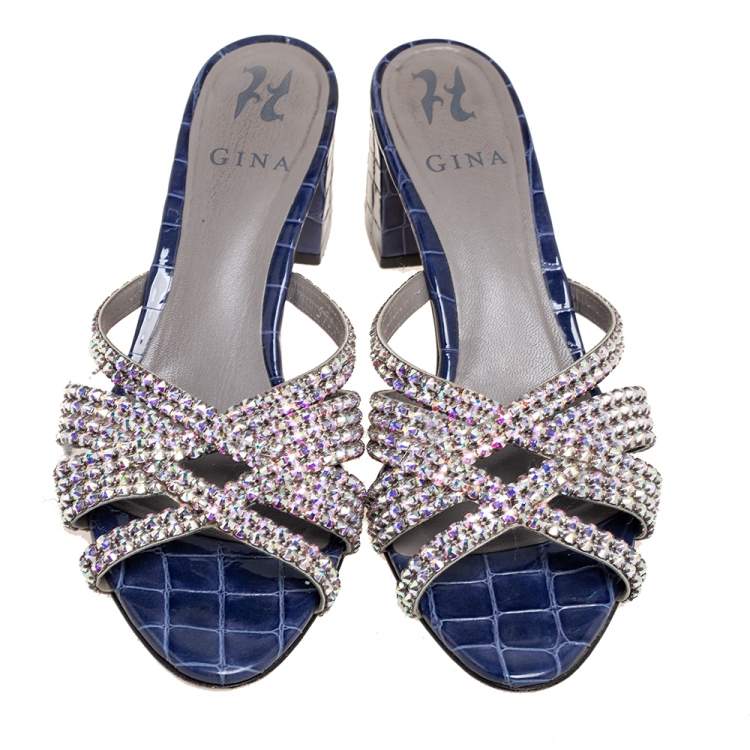 Pre Owned Gina Navy Blue Crystal Embellished Croc Embossed Patent Leather Slide Sandals Size 39