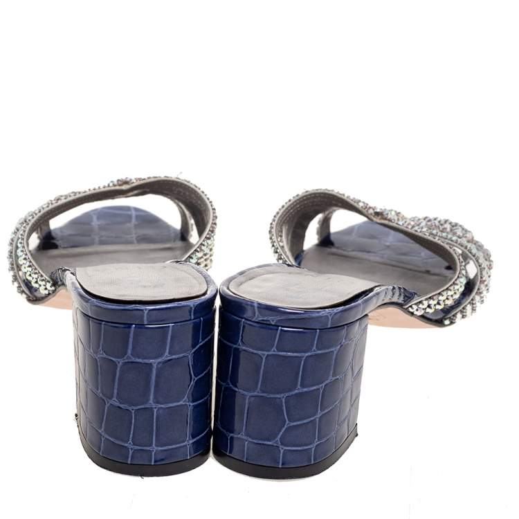 Pre Owned Gina Navy Blue Crystal Embellished Croc Embossed Patent Leather Slide Sandals Size 39