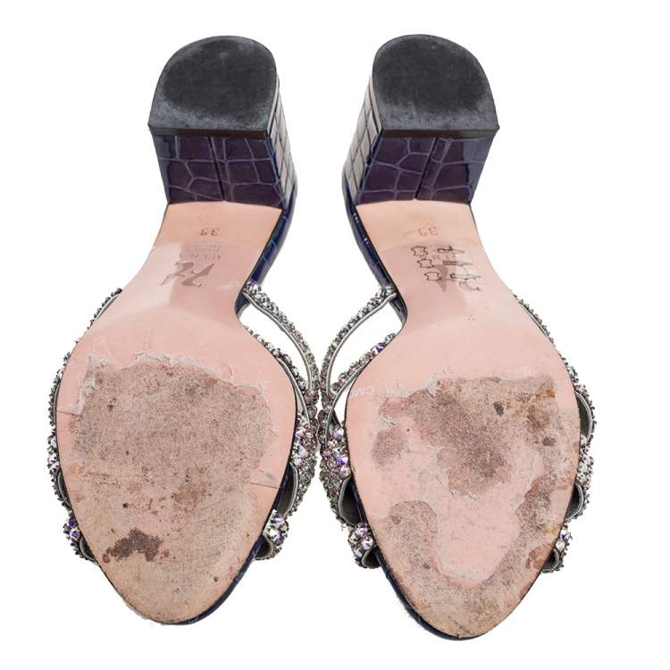 Pre Owned Gina Navy Blue Crystal Embellished Croc Embossed Patent Leather Slide Sandals Size 39