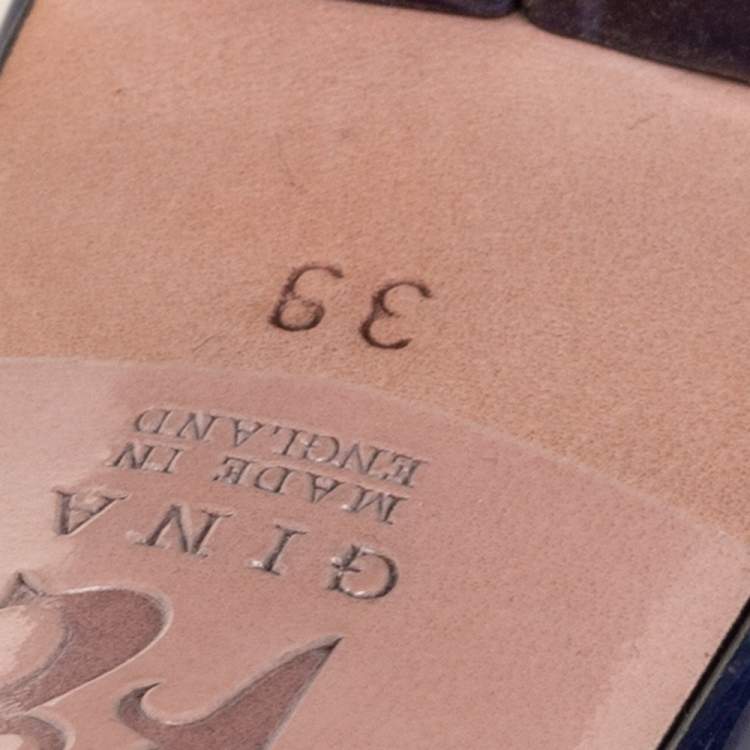 Pre Owned Gina Navy Blue Crystal Embellished Croc Embossed Patent Leather Slide Sandals Size 39