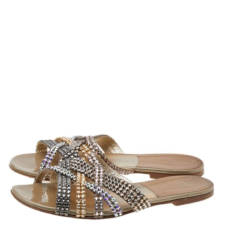 Pre Owned Gina Multicolor Crystal Embellished Leather Flat Slides Size 36.5