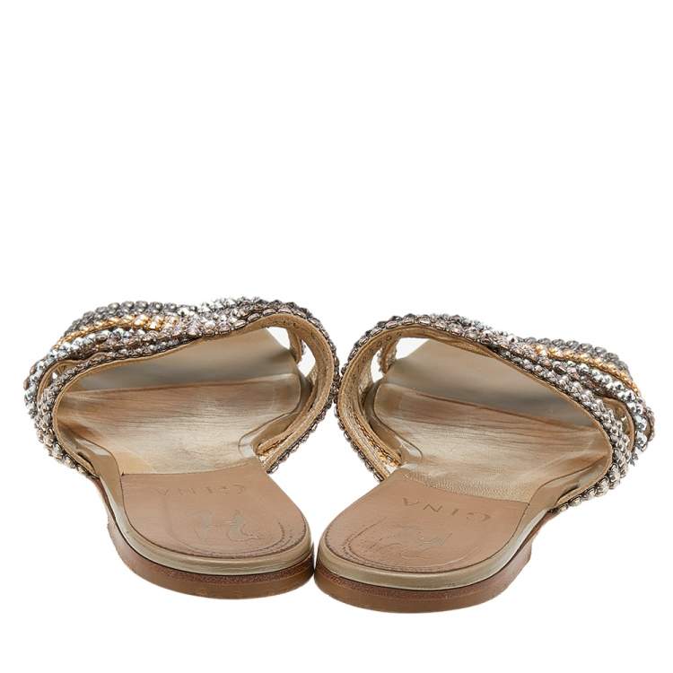 Pre Owned Gina Multicolor Crystal Embellished Leather Flat Slides Size 36.5