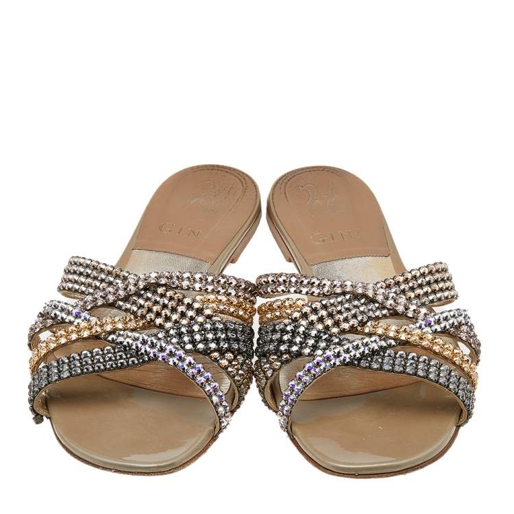 Pre Owned Gina Multicolor Crystal Embellished Leather Flat Slides Size 36.5