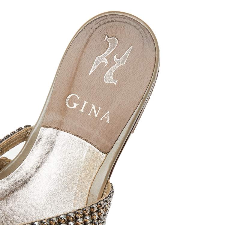 Pre Owned Gina Multicolor Crystal Embellished Leather Flat Slides Size 36.5
