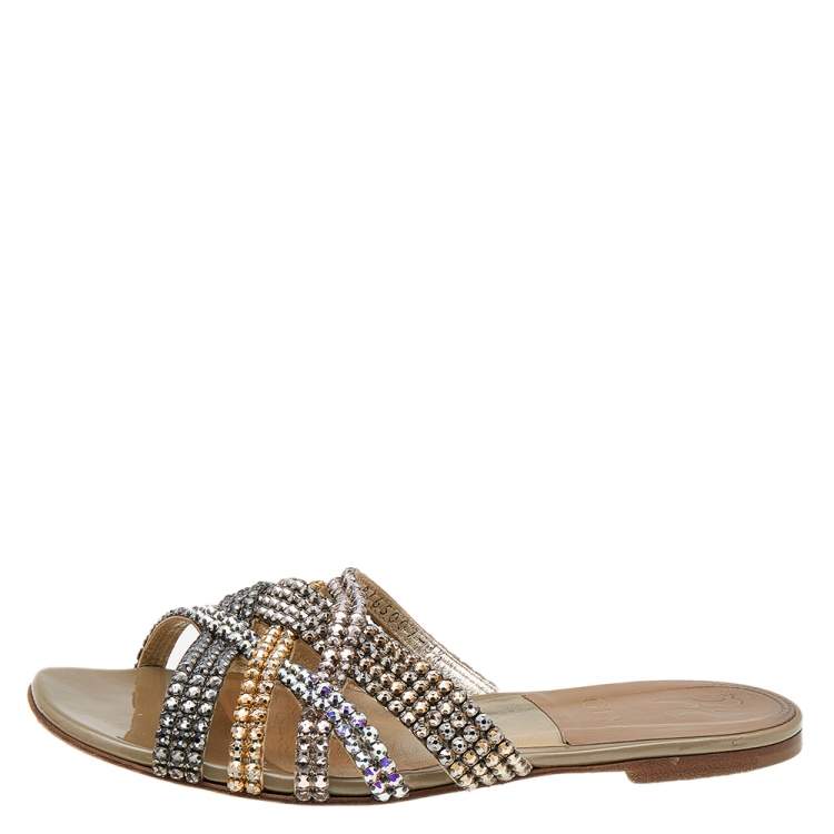 Pre Owned Gina Multicolor Crystal Embellished Leather Flat Slides Size 36.5