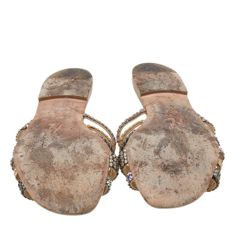 Pre Owned Gina Multicolor Crystal Embellished Leather Flat Slides Size 36.5