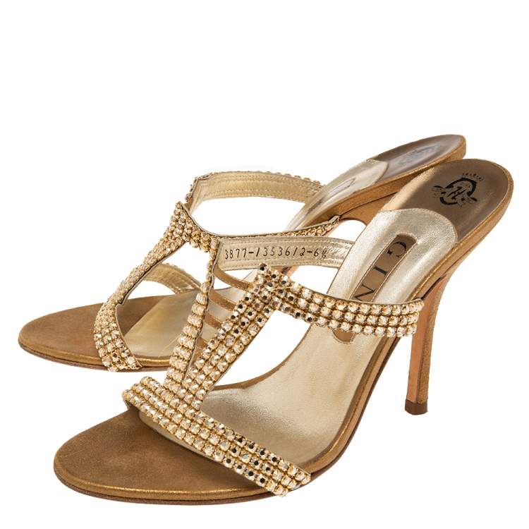 Pre Owned Gina Gold Leather Crystal Embellished Slide Sandals Size 39.5
