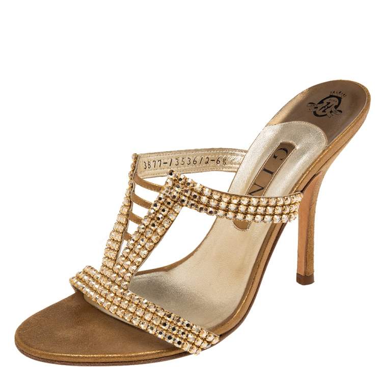 Pre Owned Gina Gold Leather Crystal Embellished Slide Sandals Size 39.5