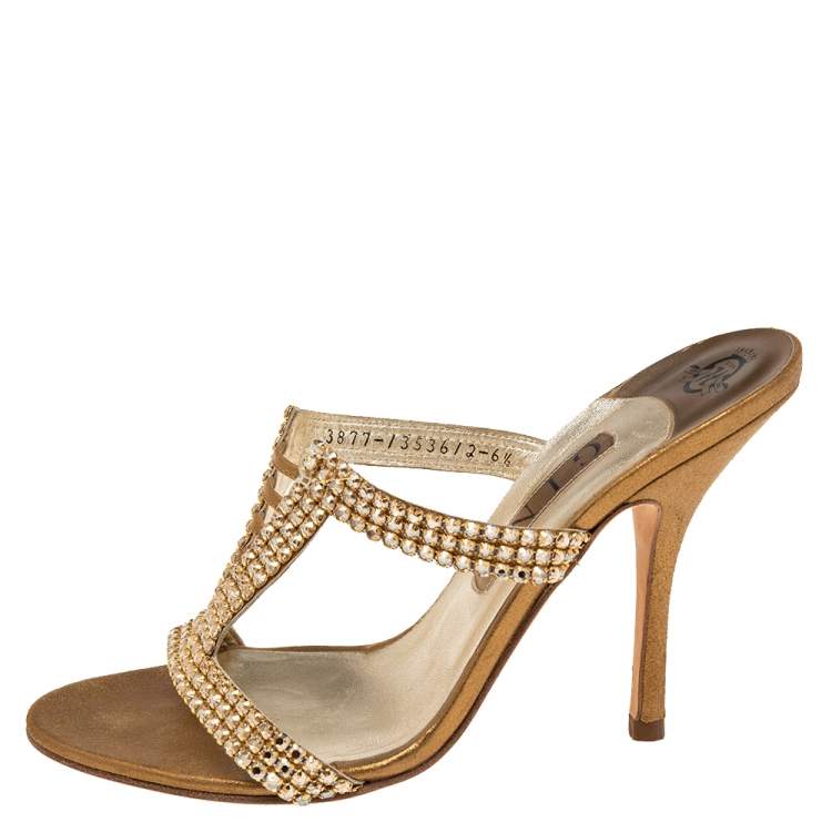 Pre Owned Gina Gold Leather Crystal Embellished Slide Sandals Size 39.5