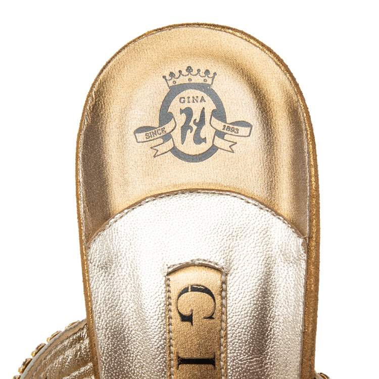 Pre Owned Gina Gold Leather Crystal Embellished Slide Sandals Size 39.5