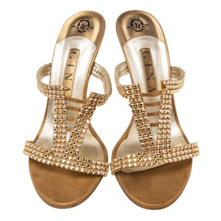 Pre Owned Gina Gold Leather Crystal Embellished Slide Sandals Size 39.5