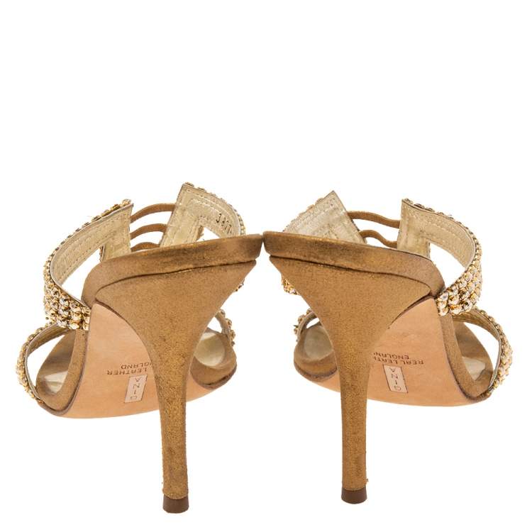 Pre Owned Gina Gold Leather Crystal Embellished Slide Sandals Size 39.5