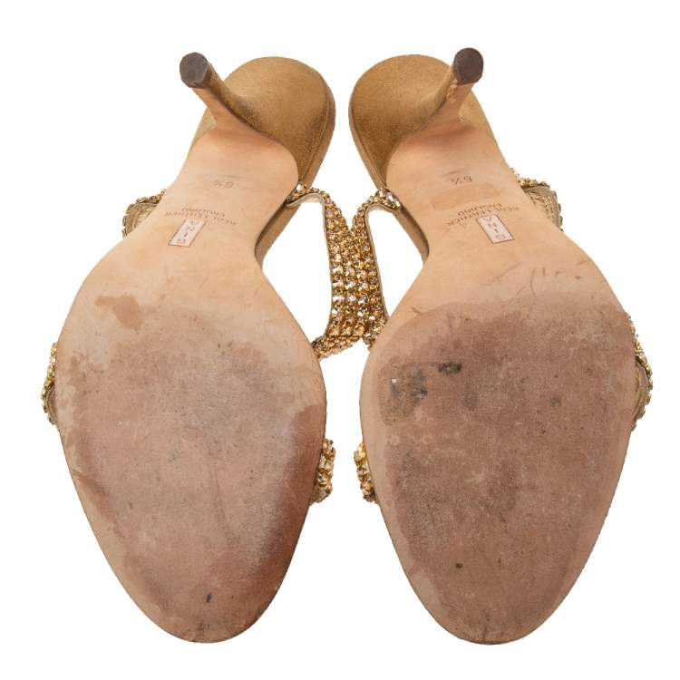 Pre Owned Gina Gold Leather Crystal Embellished Slide Sandals Size 39.5