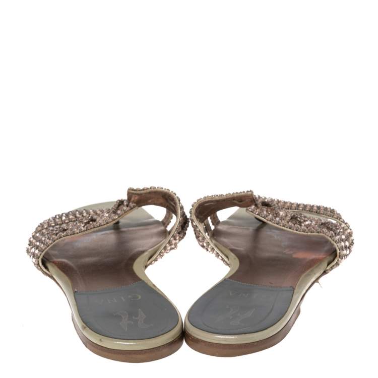 Pre Owned Gina Green Patent Crystal Embellished Flat Sandals Size 39.5