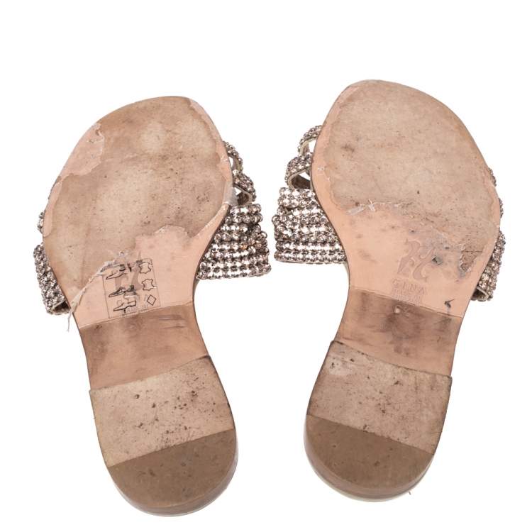 Pre Owned Gina Green Patent Crystal Embellished Flat Sandals Size 39.5