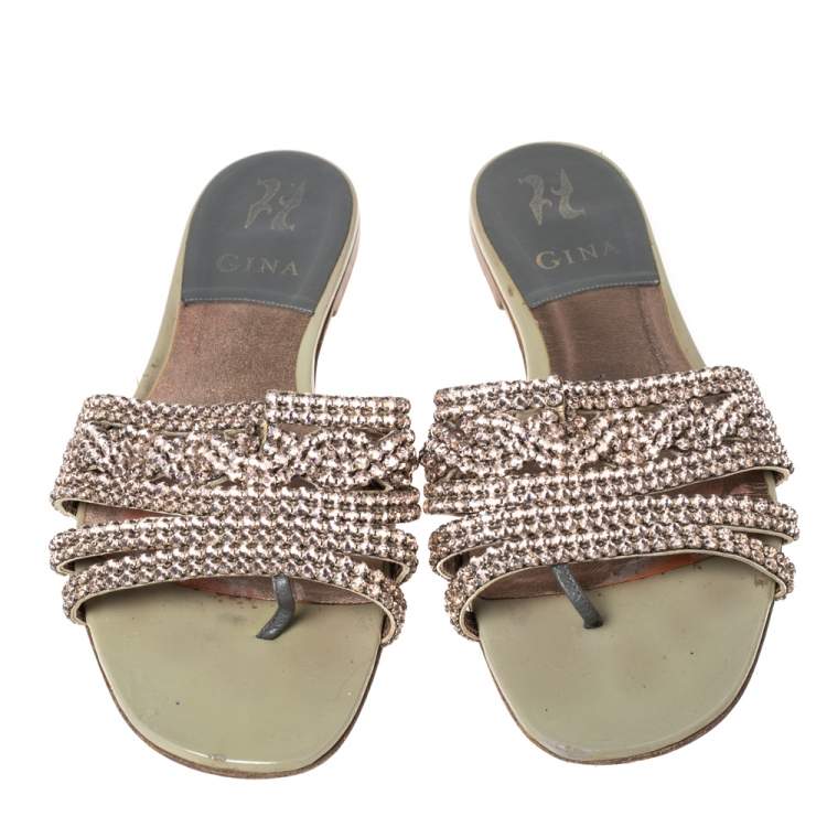 Pre Owned Gina Green Patent Crystal Embellished Flat Sandals Size 39.5