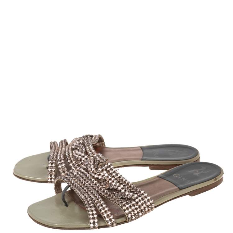 Pre Owned Gina Green Patent Crystal Embellished Flat Sandals Size 39.5