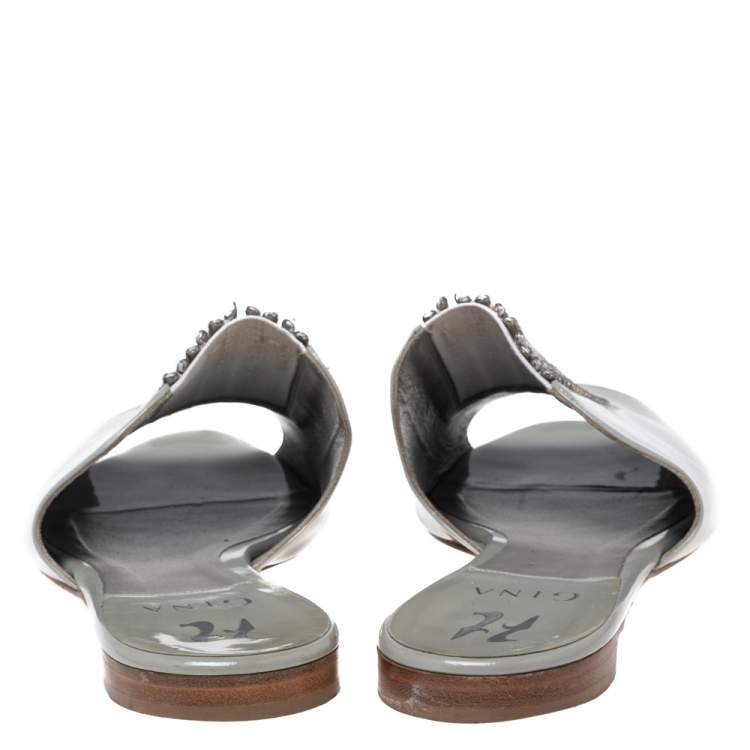 Pre Owned Gina Grey Patent Leather Crystal Embellished Mule Sandals Size 39.5